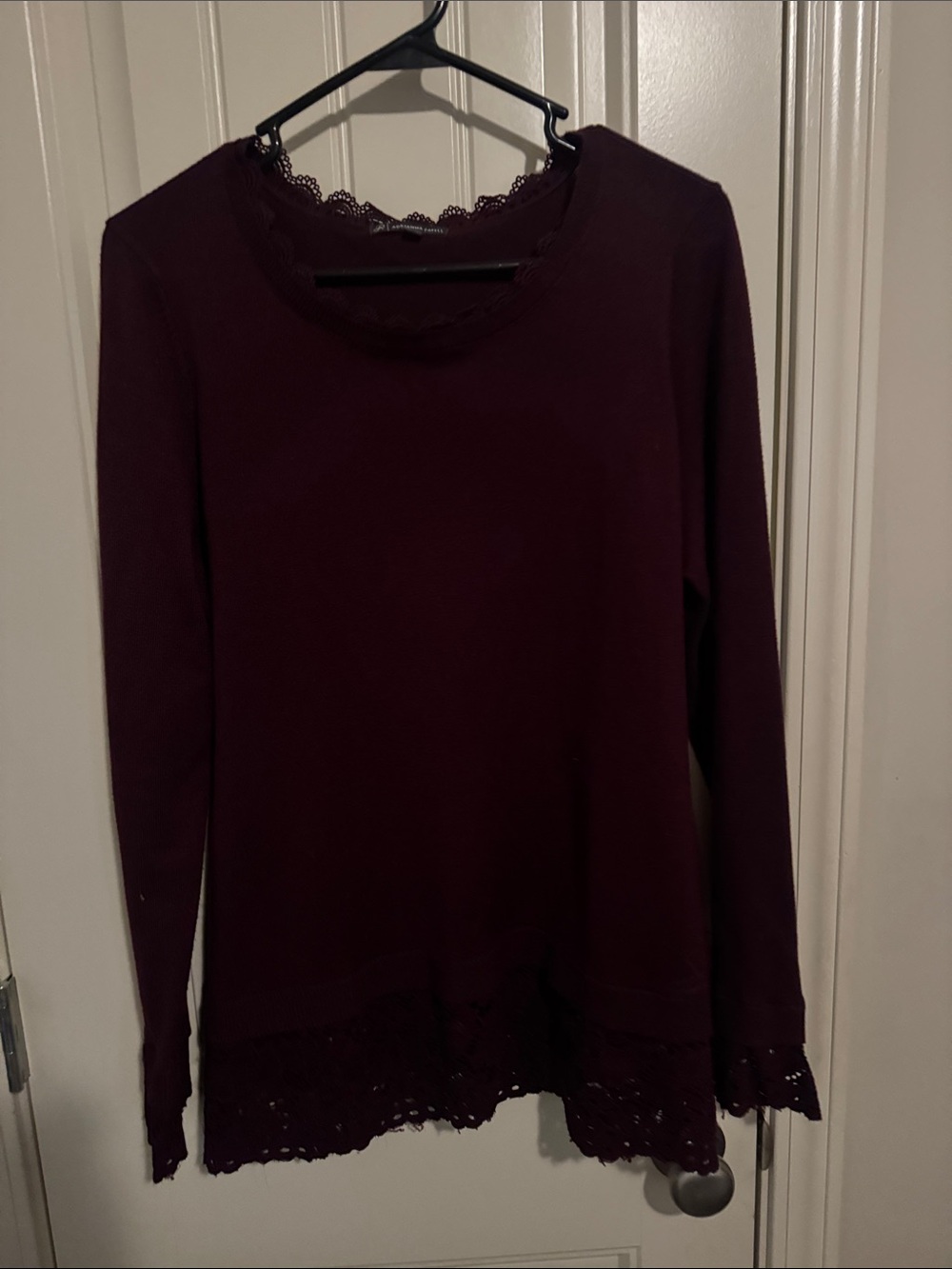 Adrianna Papell Long Sleeve Lace-Hem Tee - Deep Wine